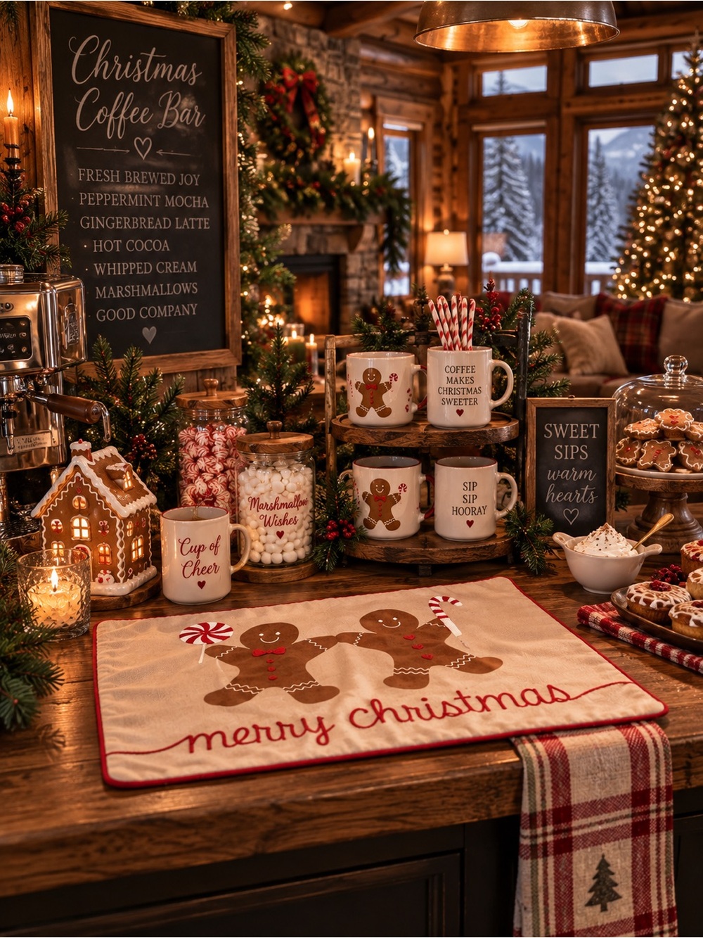 Holiday Gingerbread Kitchen Mat - Neutral Beige and Red